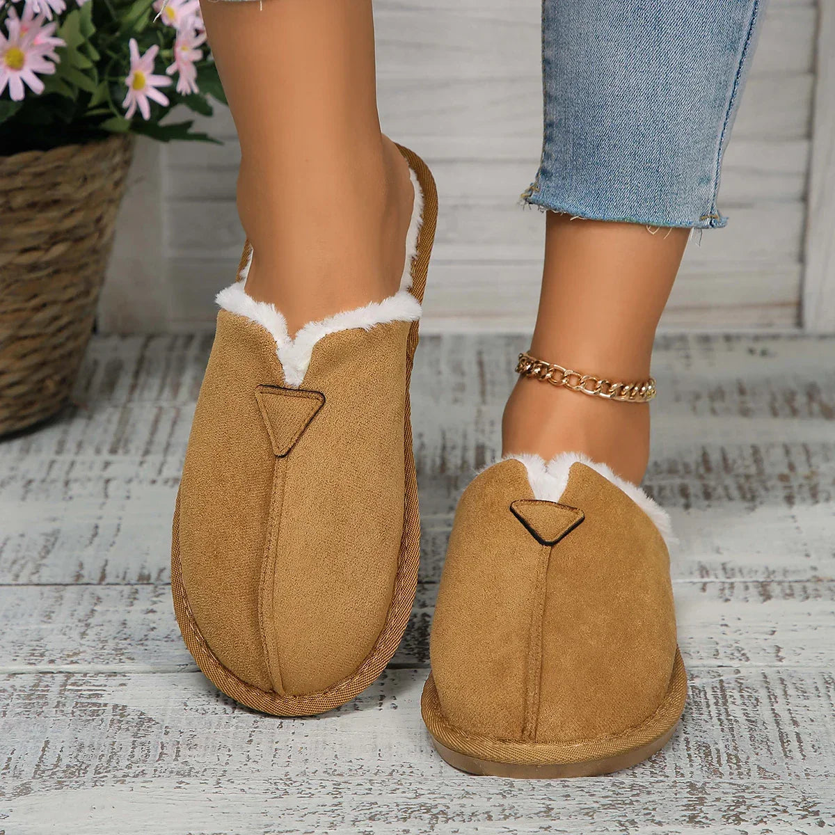 Warm Fur Cotton Slippers Flats Shoe Suede Short Plush Casual Non-Slip Snow Boots