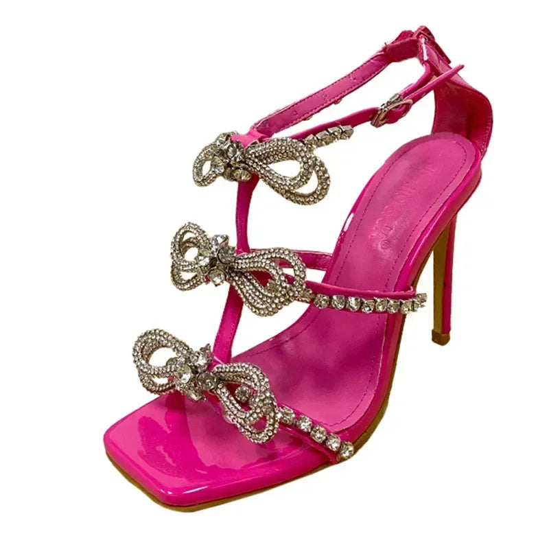 Elegant Women's 11CM High Heel Square Head Rhinestone Butterfly-knot High Heel