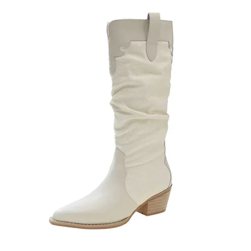 New Denim Vintage Pointed Pleated Platform Knee High Boots