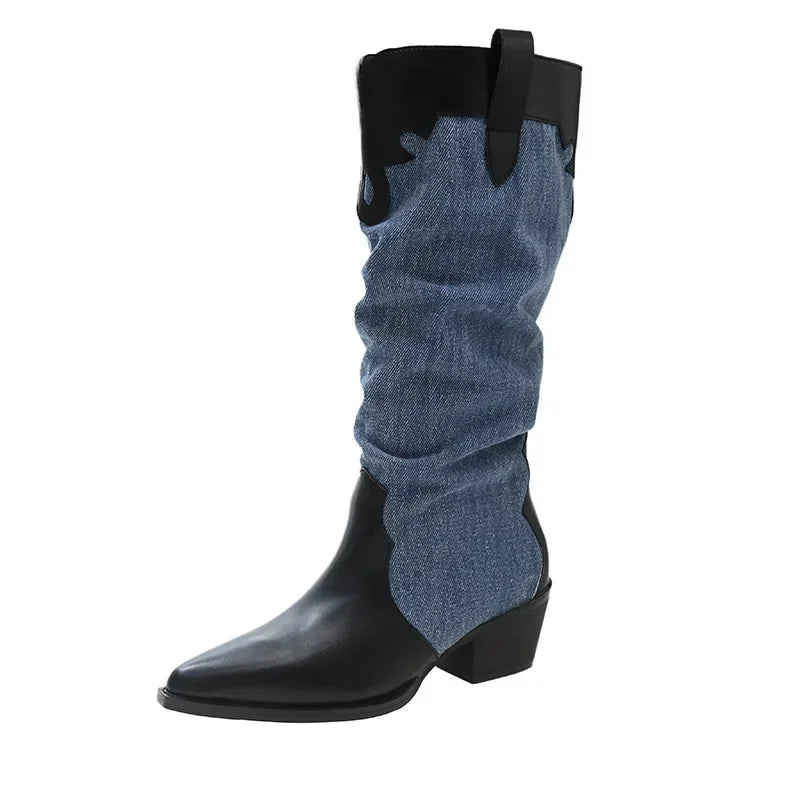 New Denim Vintage Pointed Pleated Platform Knee High Boots