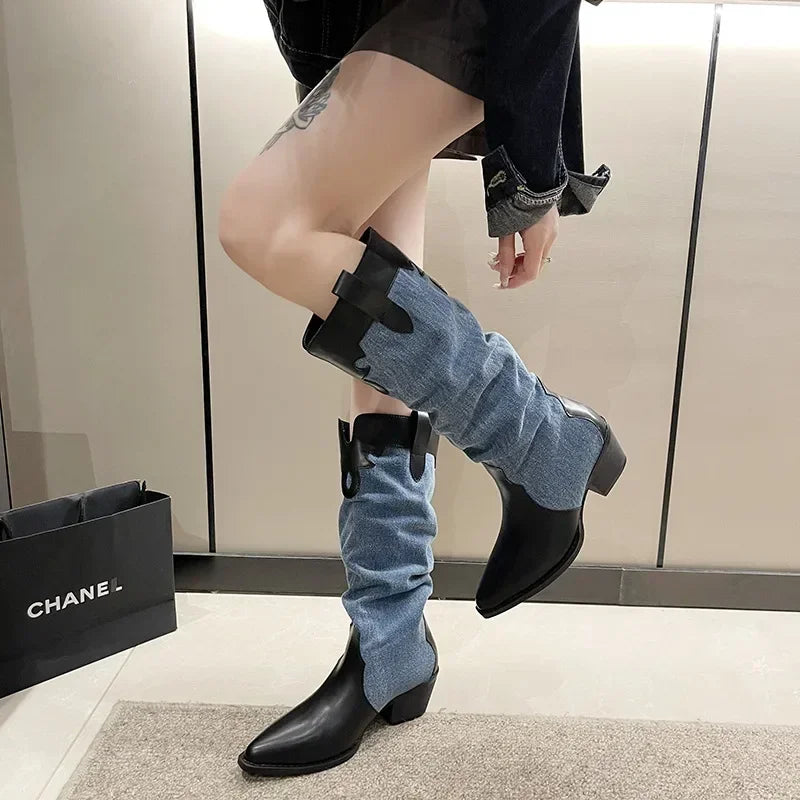 New Denim Vintage Pointed Pleated Platform Knee High Boots