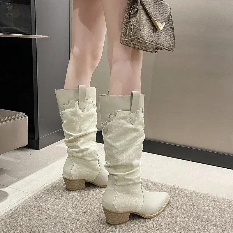 New Denim Vintage Pointed Pleated Platform Knee High Boots