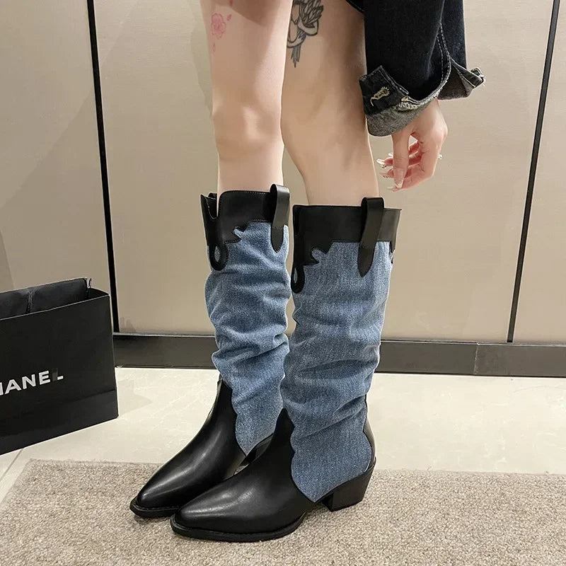 New Denim Vintage Pointed Pleated Platform Knee High Boots