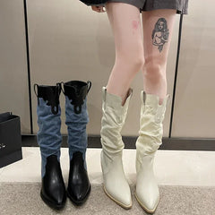 New Denim Vintage Pointed Pleated Platform Knee High Boots