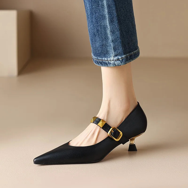 Fall New Pointed Shal Mouth Rivets Professional Temperament Women's Shoes Low Heel Pumps