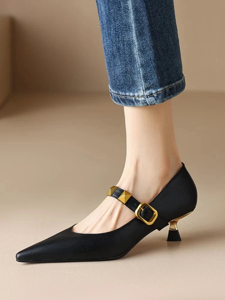 Fall New Pointed Shal Mouth Rivets Professional Temperament Women's Shoes Low Heel Pumps