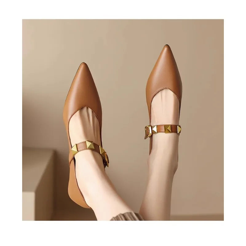 Fall New Pointed Shal Mouth Rivets Professional Temperament Women's Shoes Low Heel Pumps