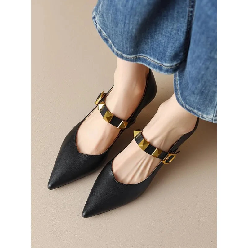 Fall New Pointed Shal Mouth Rivets Professional Temperament Women's Shoes Low Heel Pumps