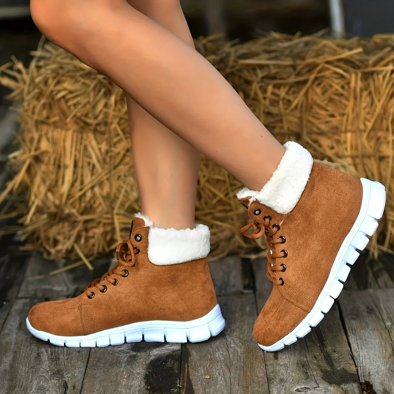 Fluffy Lace Up Soft Sole Flat Casual Warm Snow Boot