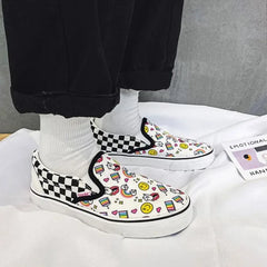 Womens Canvas Multicolor Checkerboard Design Slip-On Flats Skateboard
