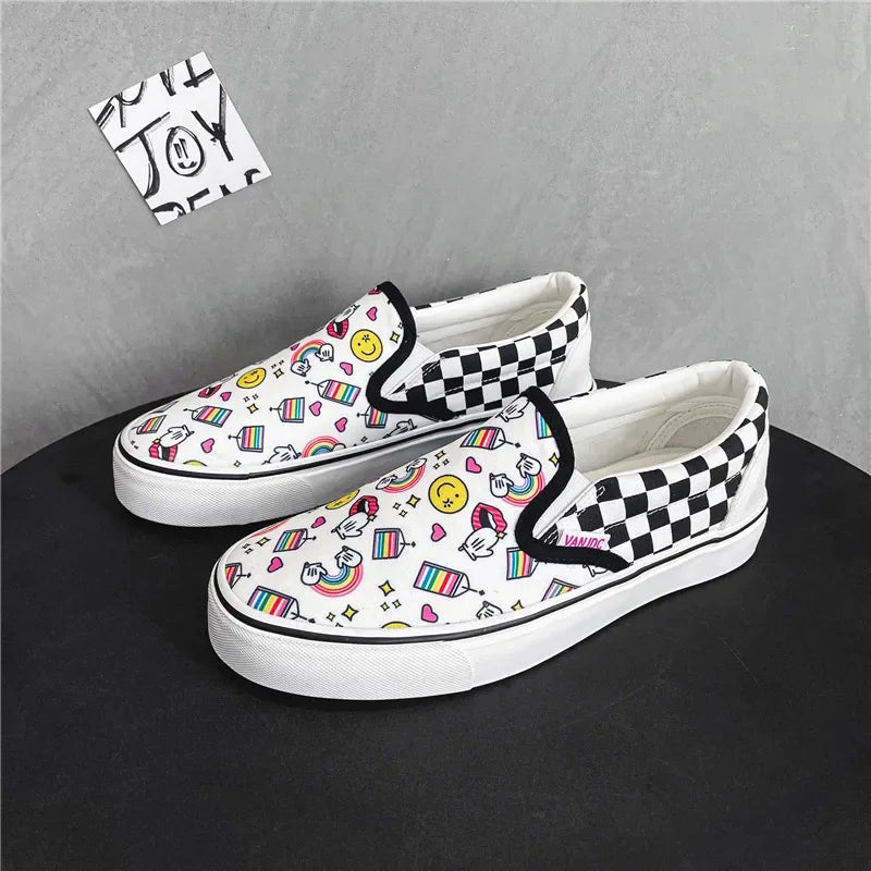 Womens Canvas Multicolor Checkerboard Design Slip-On Flats Skateboard