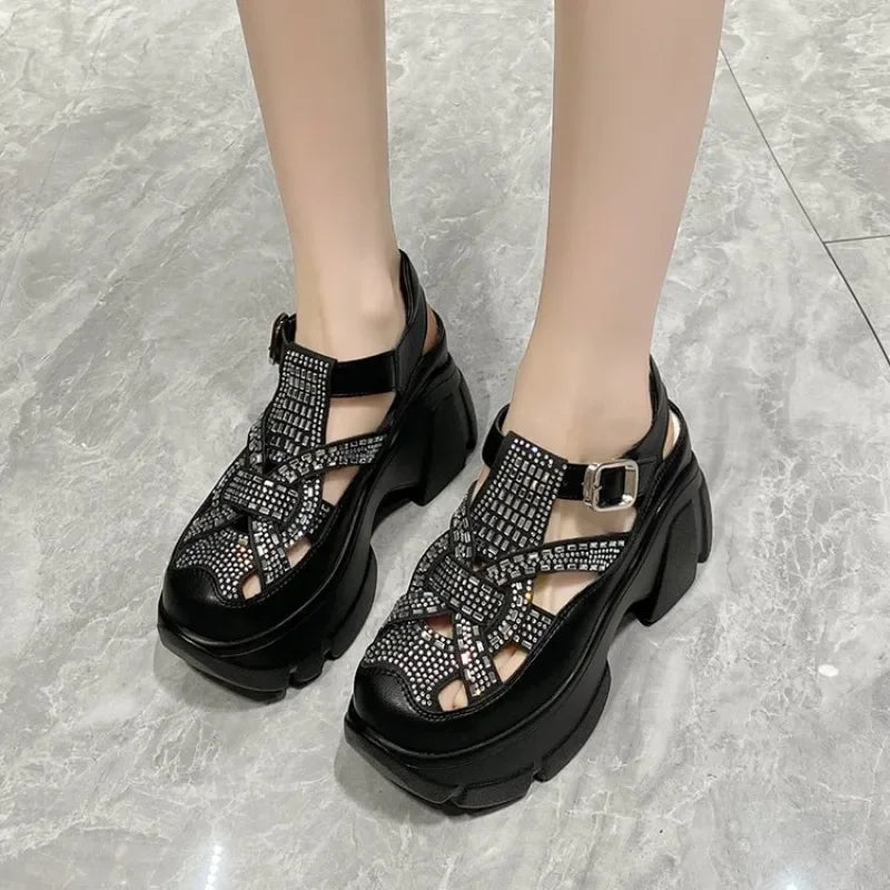 HueHaven Rhinestone Chunky Sandals