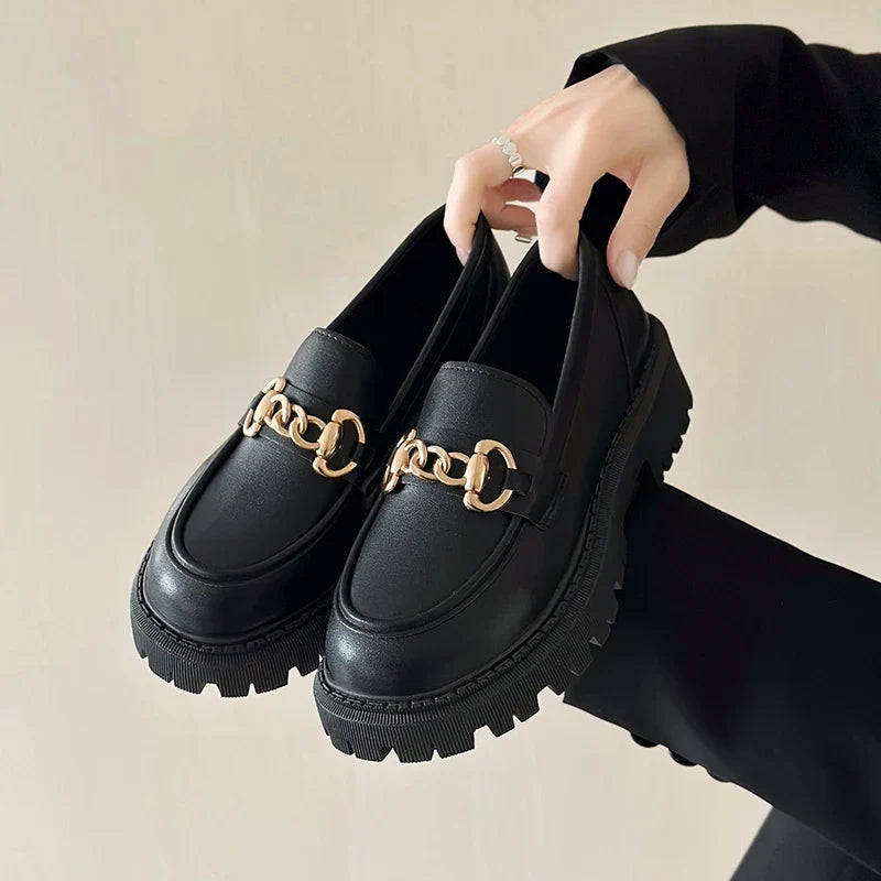 Black Patent Leather Platform Tassel British Middle Heels Flats Loafers