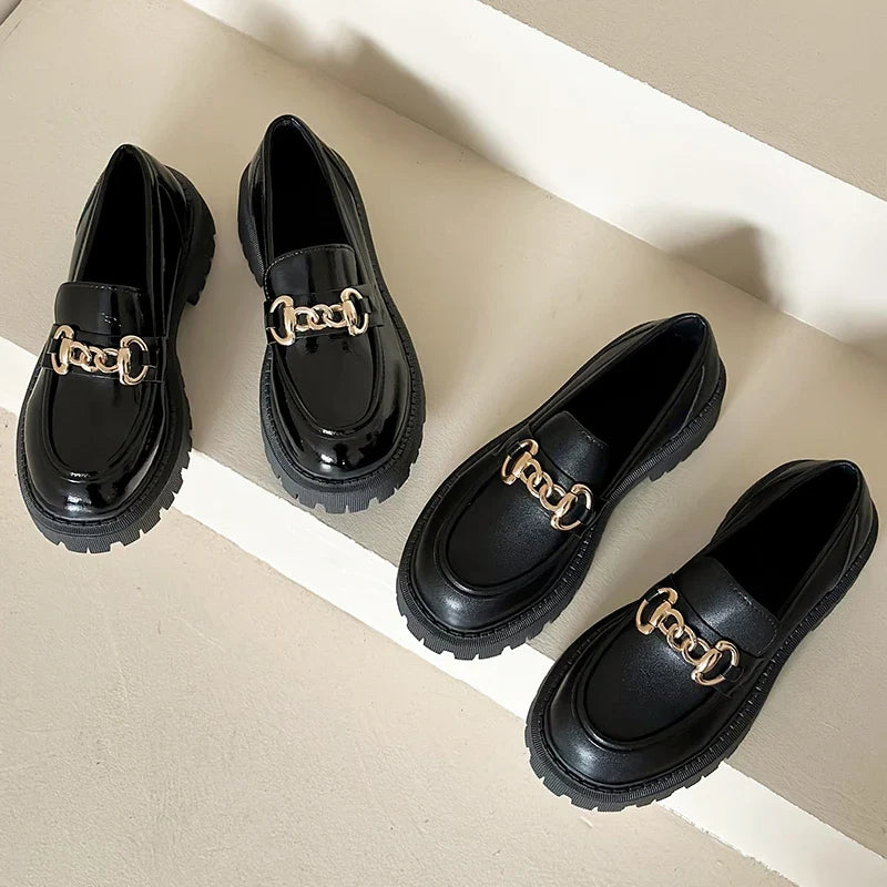 Black Patent Leather Platform Tassel British Middle Heels Flats Loafers