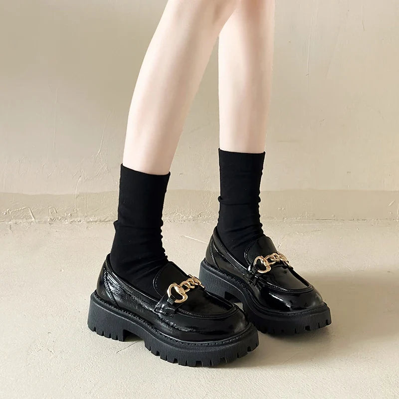 Black Patent Leather Platform Tassel British Middle Heels Flats Loafers
