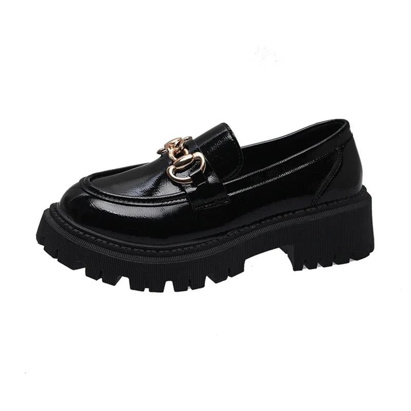 Black Patent Leather Platform Tassel British Middle Heels Flats Loafers