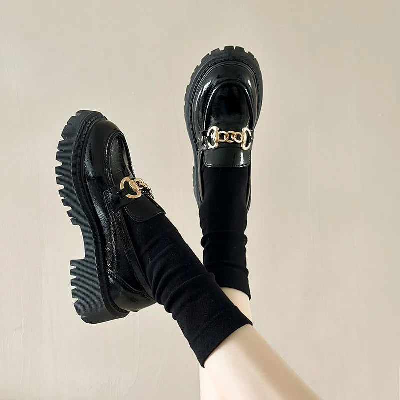 Black Patent Leather Platform Tassel British Middle Heels Flats Loafers