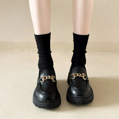 Black Patent Leather Platform Tassel British Middle Heels Flats Loafers
