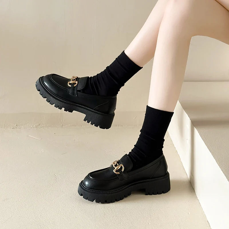 Black Patent Leather Platform Tassel British Middle Heels Flats Loafers