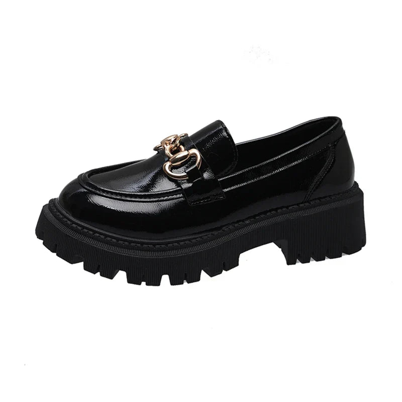Black Patent Leather Platform Tassel British Middle Heels Flats Loafers