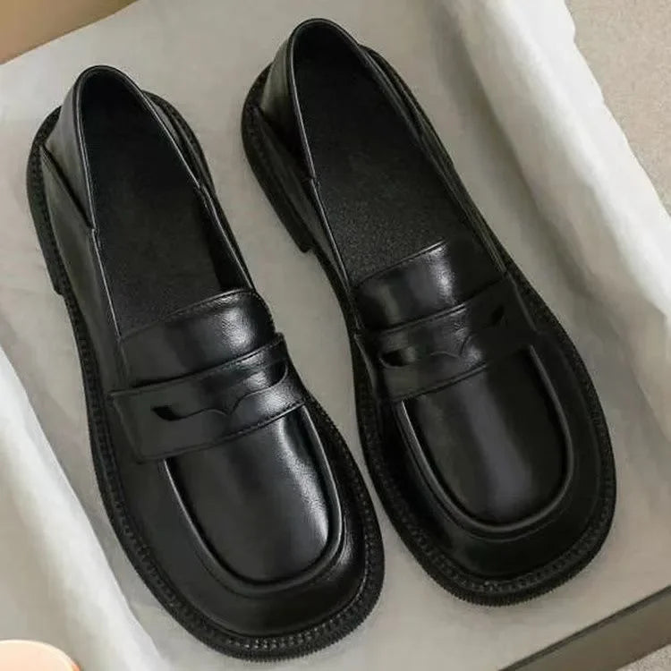 Black Leather Platform British Style Low Heels Casual Spring Loafers