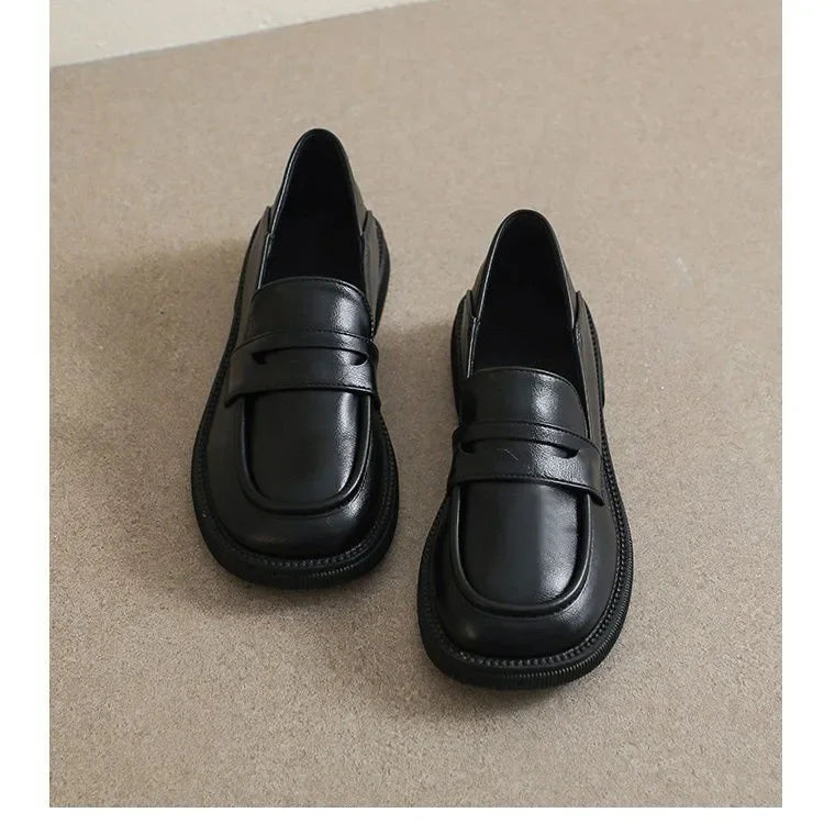 Black Leather Platform British Style Low Heels Casual Spring Loafers