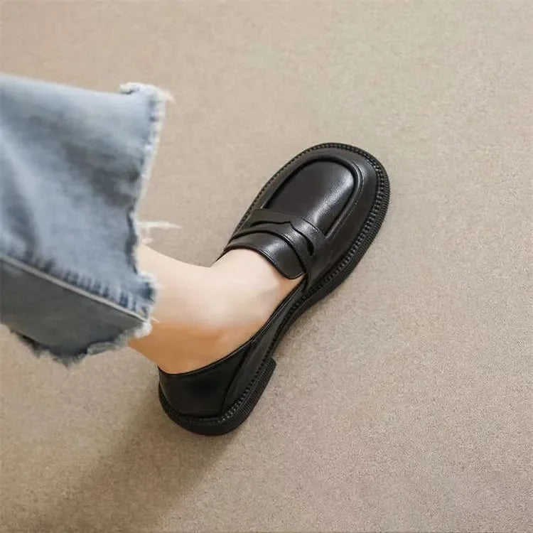 Black Leather Platform British Style Low Heels Casual Spring Loafers